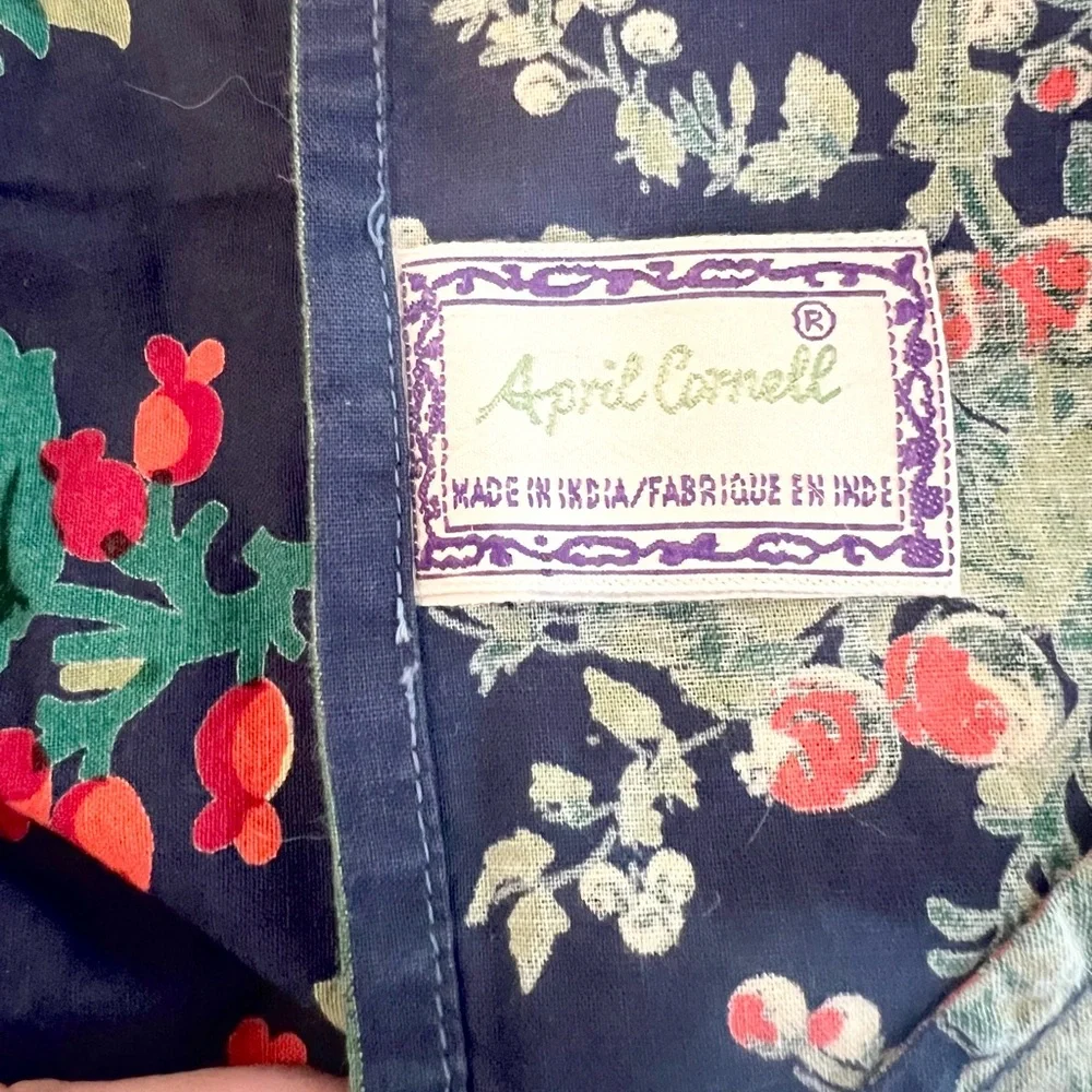 Vintage April Cornel Large Rectangle Tablecloth Navy Blue and Florals 104”x 50”